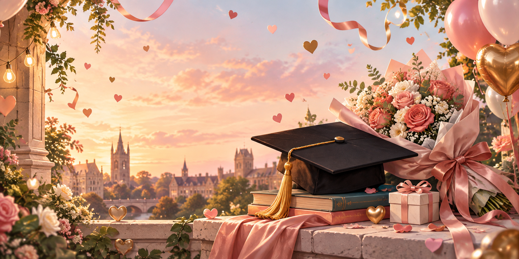 Birrete universitario, bouquet de flores y decoración romántica de graduación